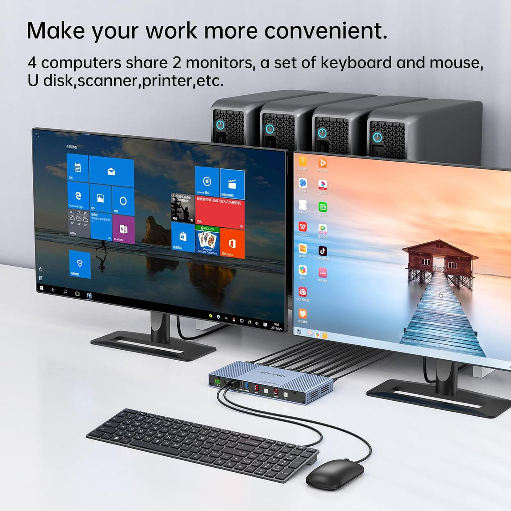 MT-VIKI Seamless 4x2 HDMI Matrix KVM Switch, HDMI+DP KVM Switch for 4 Computers 2 Monitors, 4K@60Hz/2K@144Hz, 3.5mm Audio Ouput, Support Mouse Switching+ Hotkey