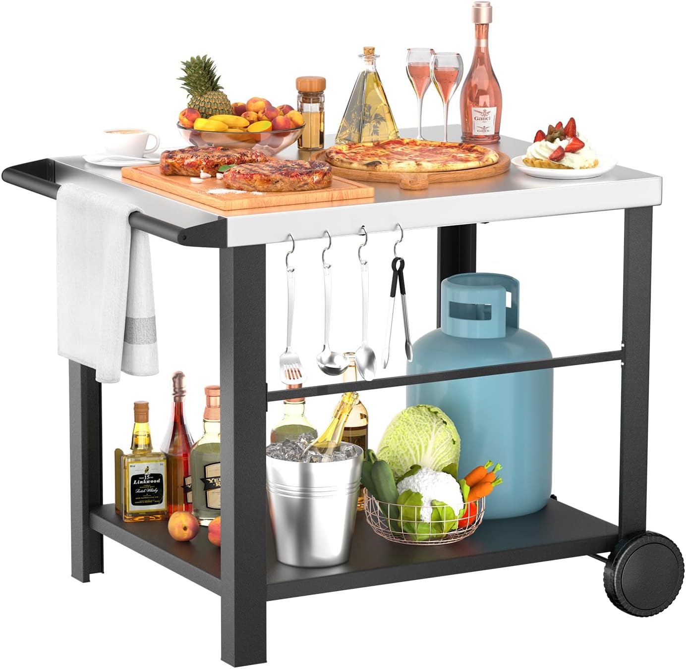 34' x 24' Movable Stainless Steel Flattop Grill Cart for Ninja Woodfire & Blackstone Griddles, Pizza Oven Table for Outside, Extra-Wide Stainless Steel Cart with Wheels for Kitchen Food Prep Table