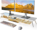 Fenge Dual Monitor Stand, 2 Tiers Acrylic Monitor Riser with LED Lights, 42.5 Inch Wood and Aluminum Desk Shelf with Phone and Tablet Holder