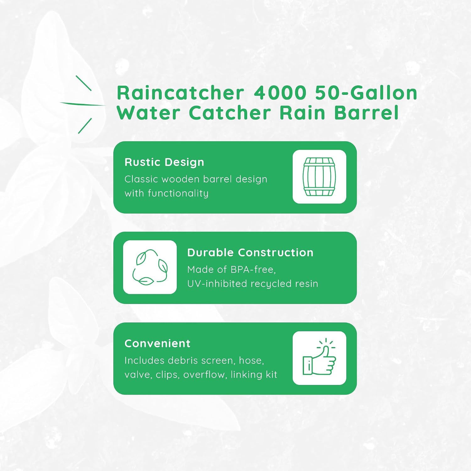 FCMP Outdoor Raincatcher 4000 Rain Barrel, Flat-Back Rainwater Catcher with Spigots, 50 Gallon, Green - Portable Water Storage Container Tank for Home, Garden, and Backyard