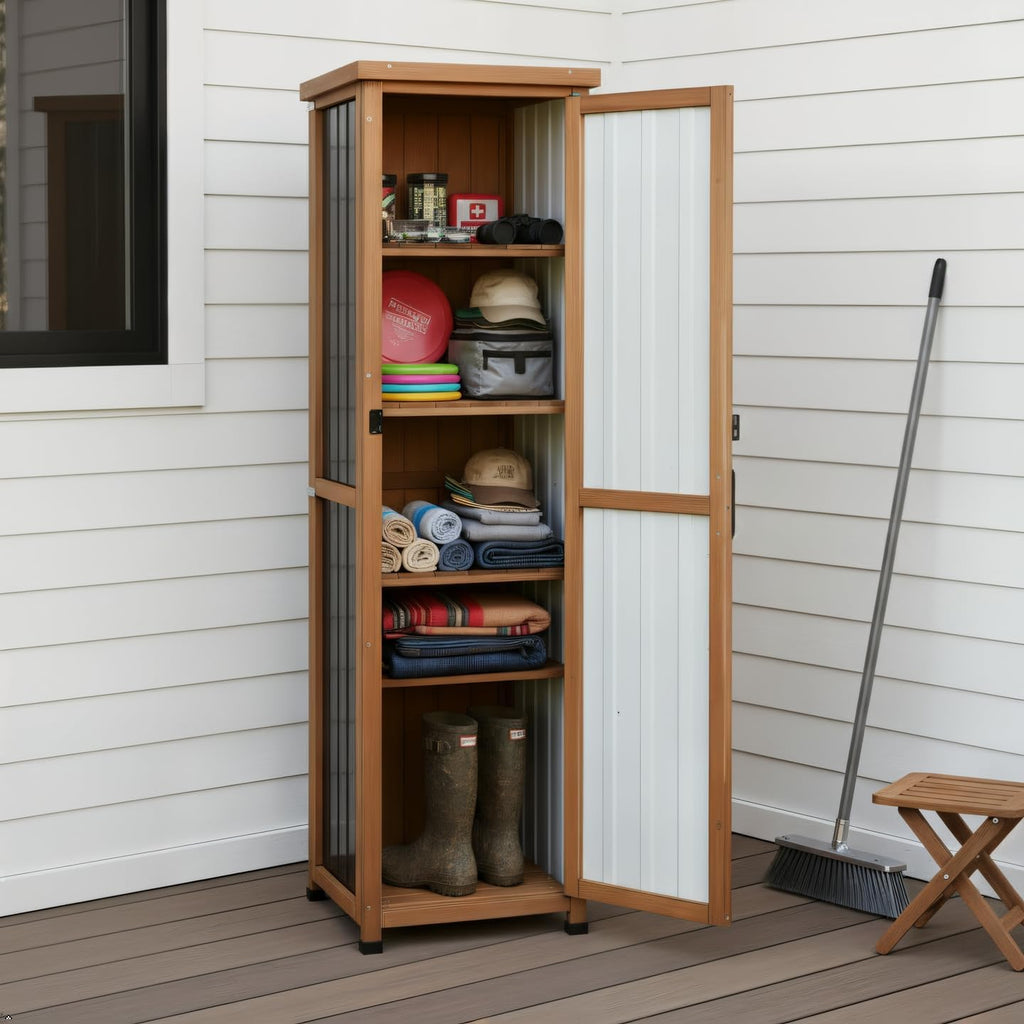 62' H Tall Narrow Outdoor Storage Cabinet with Metal Top, Outdoor Shed Storage Unit Waterproof with Adjustable Shelves for Garden, Patio, Living Room, or Entryway Storage, Black