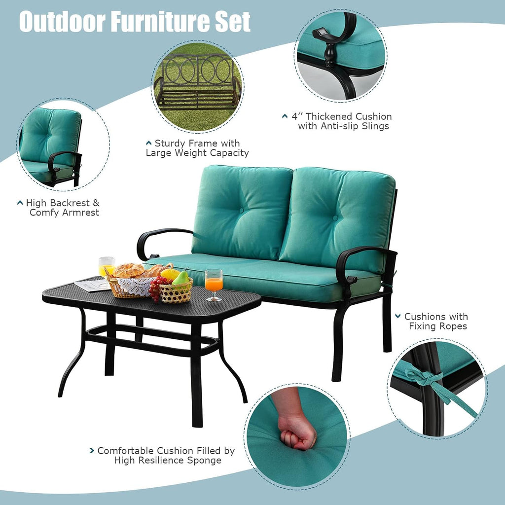 Tangkula Patio Loveseat with Table Set, 2 Seat Cushioned Sofa with Coffee Table, Patio Conversation Sofa Set with Rustproof Frame, 2 Pieces Outdoor Furniture Set for Garden, Poolside (Turquoise)