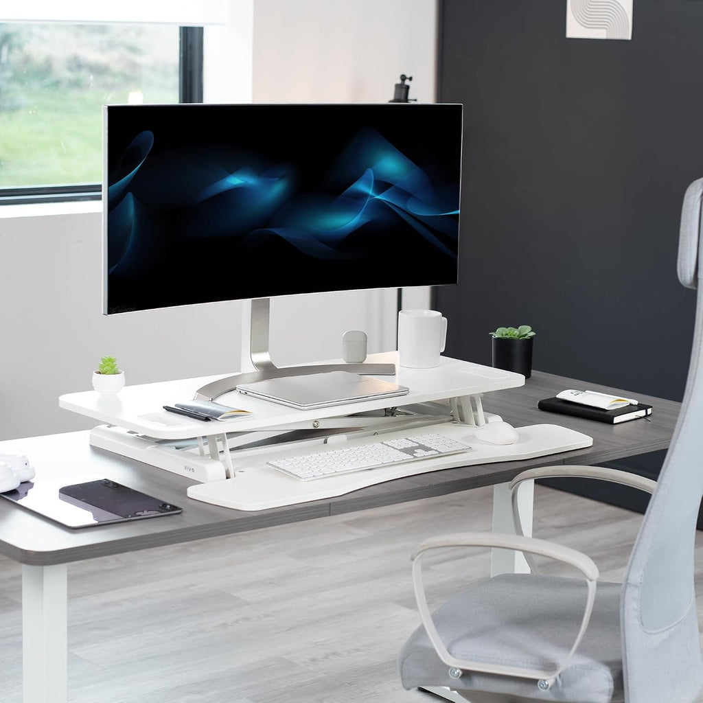 VIVO 38 inch Desk Converter, K Series, Height Adjustable Sit to Stand Riser, Dual Monitor and Laptop Workstation with Wide Keyboard Tray, White, DESK-V037KW