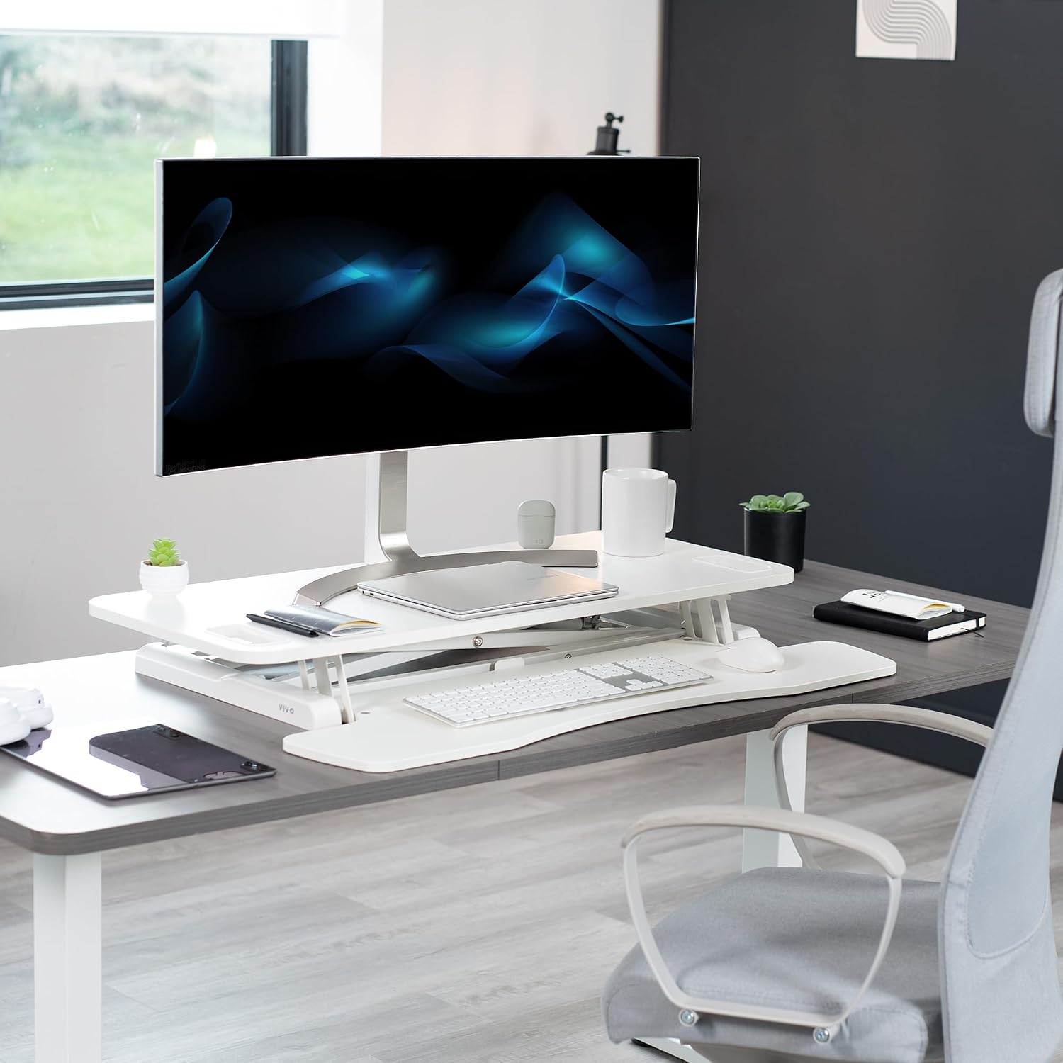 VIVO 38 inch Desk Converter, K Series, Height Adjustable Sit to Stand Riser, Dual Monitor and Laptop Workstation with Wide Keyboard Tray, White, DESK-V037KW