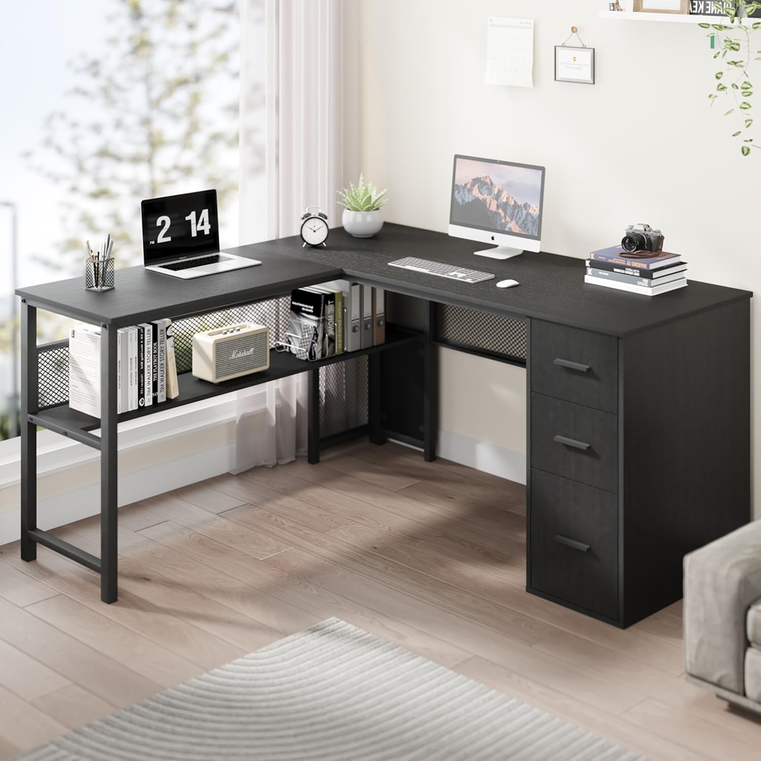 LVB Black L Shaped Desk, Reversible Computer Office Desk with Drawers, Modern Large L Shape Gaming Desk Table with File Cabinets, Wood Executive Corner Desk with Storage Shelf for Bedroom, 59 Inch