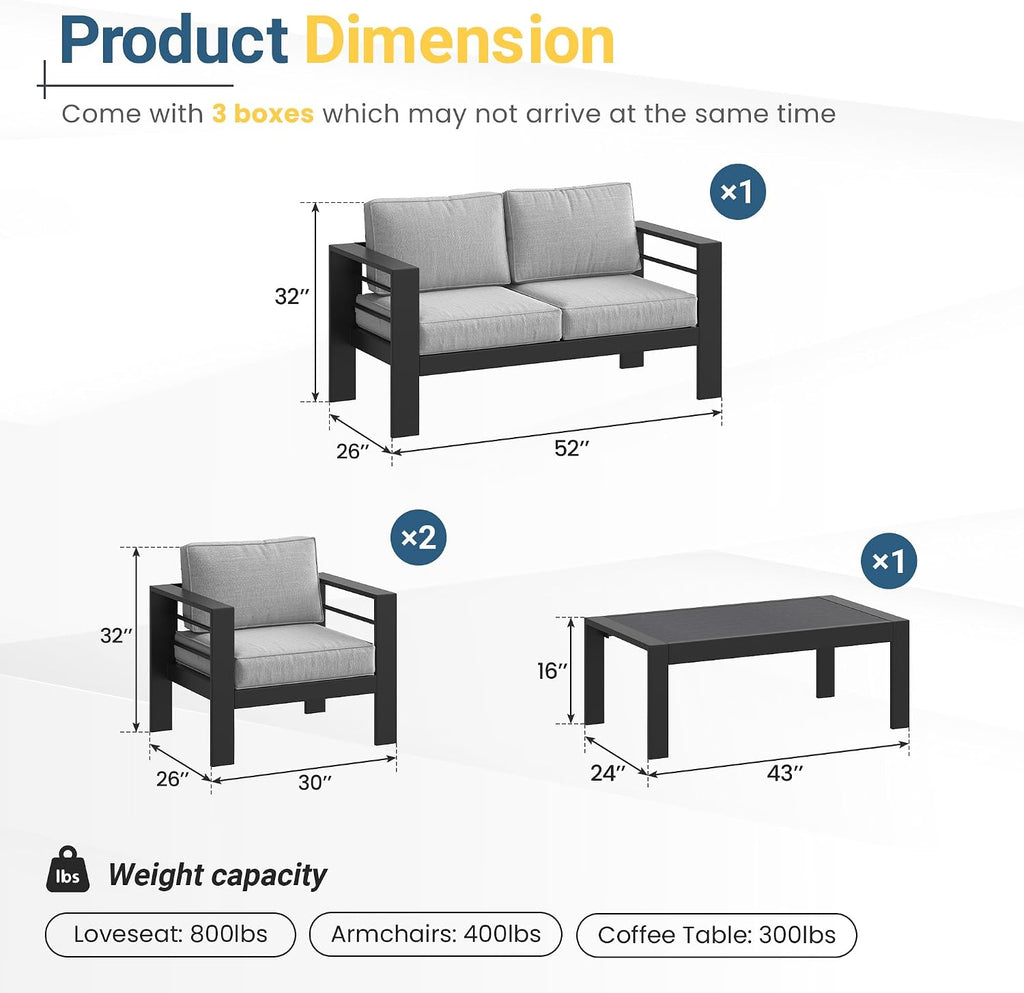 Wisteria Lane Aluminum Patio Furniture Set for All Weather, Oversized Metal Outdoor Furniture Set with 27.5' Deep Seat and 10' Back Cushion, Patio Conversation Sets with Wide armrest, Light Grey