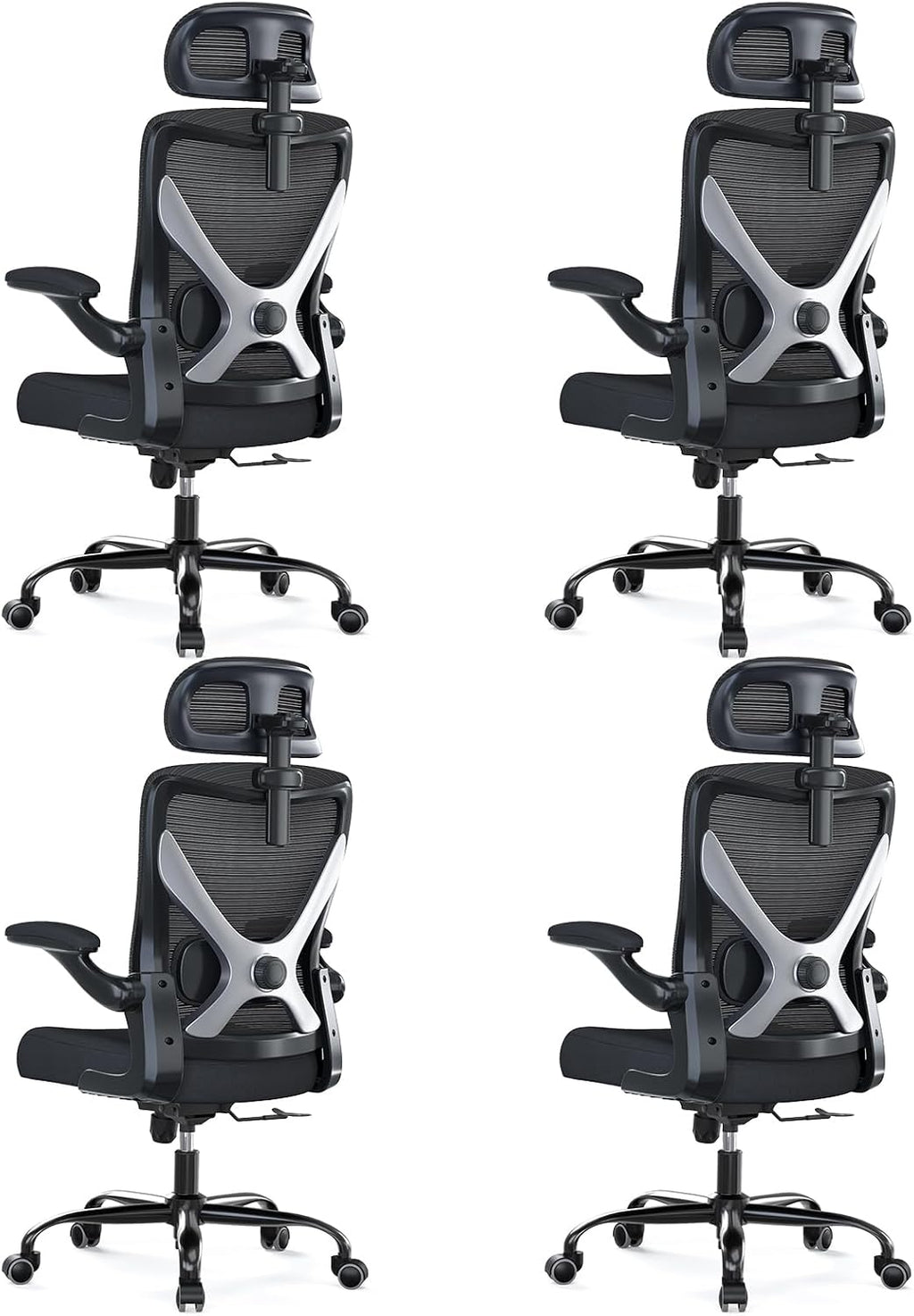 Ergonomic Office Chair - X-Shaped Computer Desk Chair Comfy, Gaming Chair, Office Chair with Lumbar Support, Mesh Office Chairs with Headrests, Desk Chair for Long Hours, Black Silver, Pack of 4