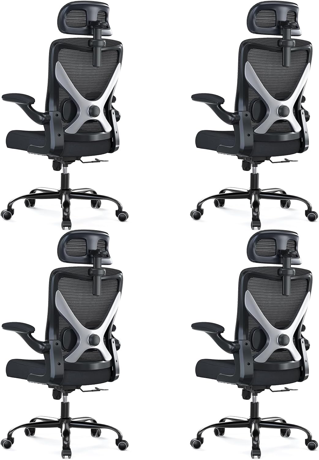 Ergonomic Office Chair - X-Shaped Computer Desk Chair Comfy, Gaming Chair, Office Chair with Lumbar Support, Mesh Office Chairs with Headrests, Desk Chair for Long Hours, Black Silver, Pack of 4