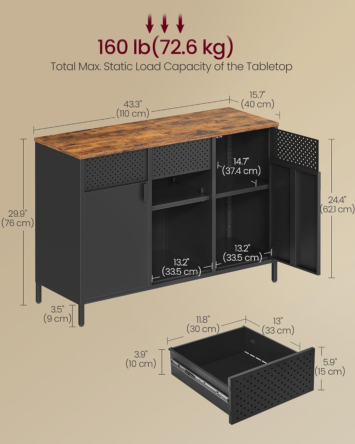 SONGMICS Storage Cabinet, Metal Cabinet, Sideboard with 2 Doors, 15.7 x 43.3 x 29.9 Inches, Magnetic Closure, Adjustable Shelves, Steel Frame, Rustic Brown and Matte Black ULSC204B01