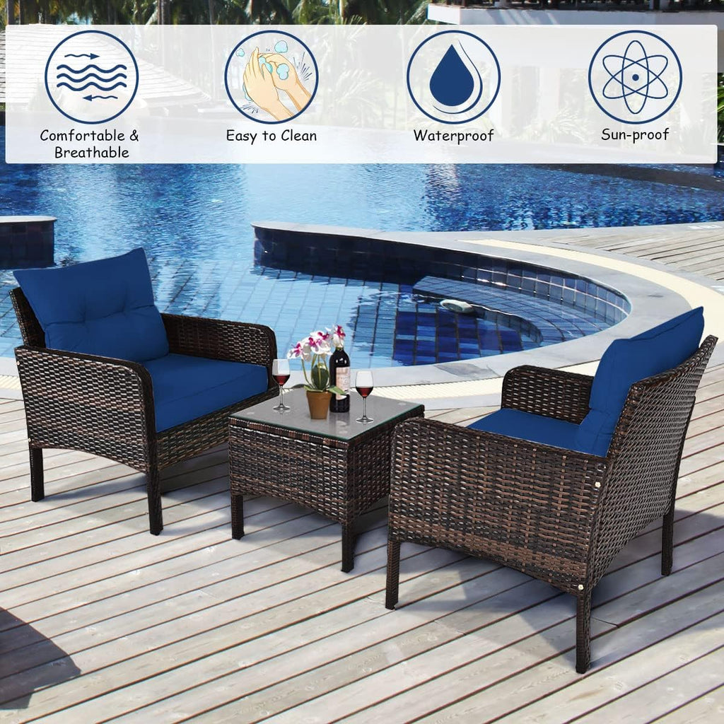 COSTWAY 3PCS Patio Furniture Set, Outdoor Wicker Cushioned Sofa Set with Coffee Table, All Weather Rattan Conversation Set for Garden Balcony Backyard Poolside Lawn, Navy