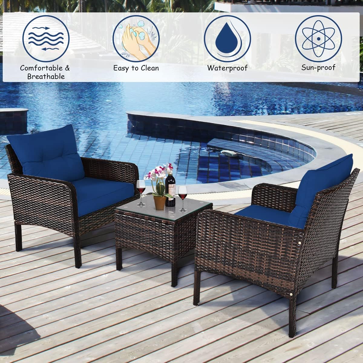 COSTWAY 3PCS Patio Furniture Set, Outdoor Wicker Cushioned Sofa Set with Coffee Table, All Weather Rattan Conversation Set for Garden Balcony Backyard Poolside Lawn, Navy