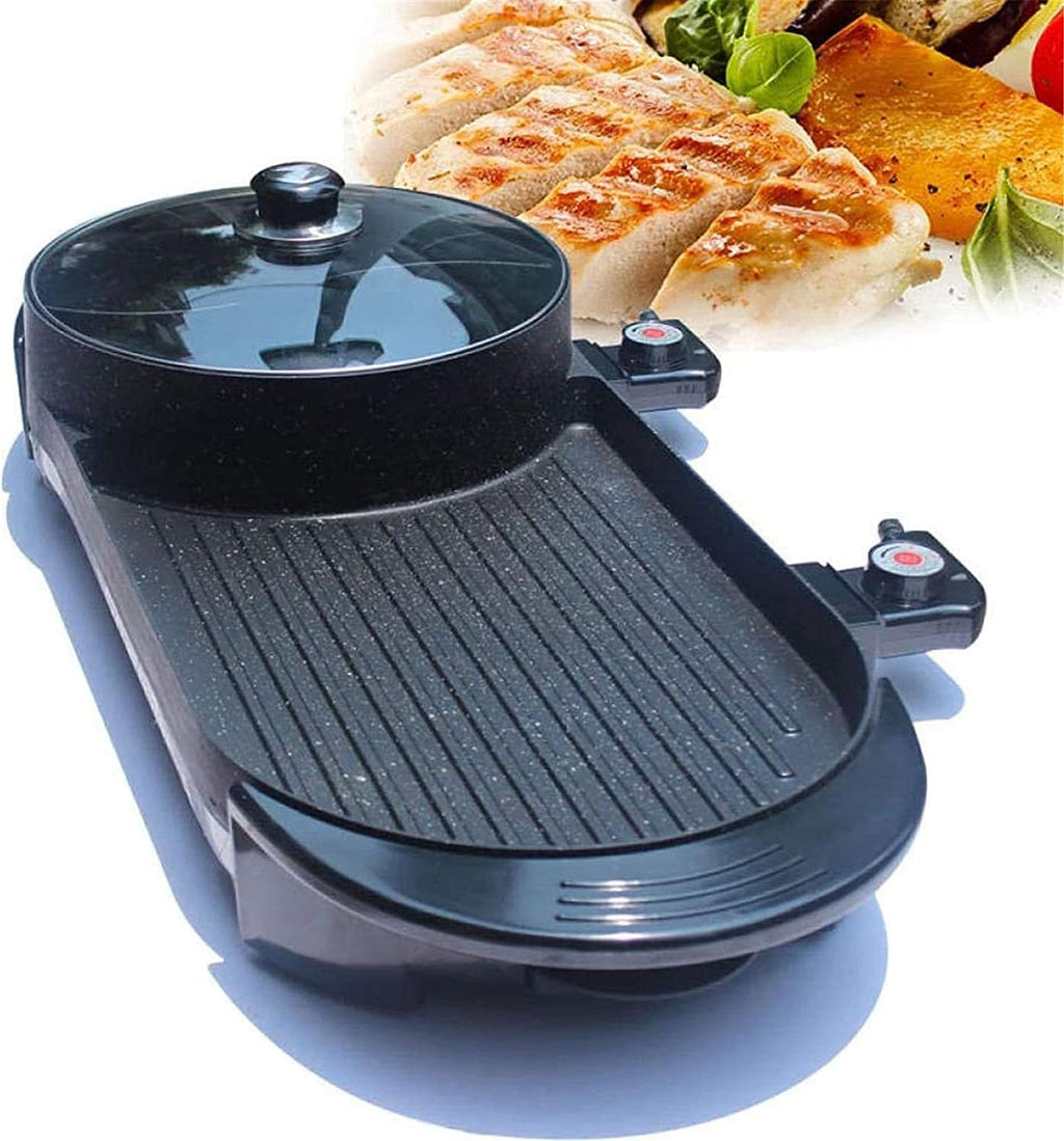 Portable Electric Grill,2 in 1 Electric BBQ Hot Pot Dual Pot,Multifunctional Non-Stick Pan Electric Cooker with 5 Temperature Adjustments