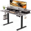 JOY worker Height Adjustable Electric Standing Desk with Storage Shelves, 48 Inch Table with Built-in Monitor Stand, Sit Stand Desk with 2 Hooks for Home Office, Grey Desktop & Black Frame