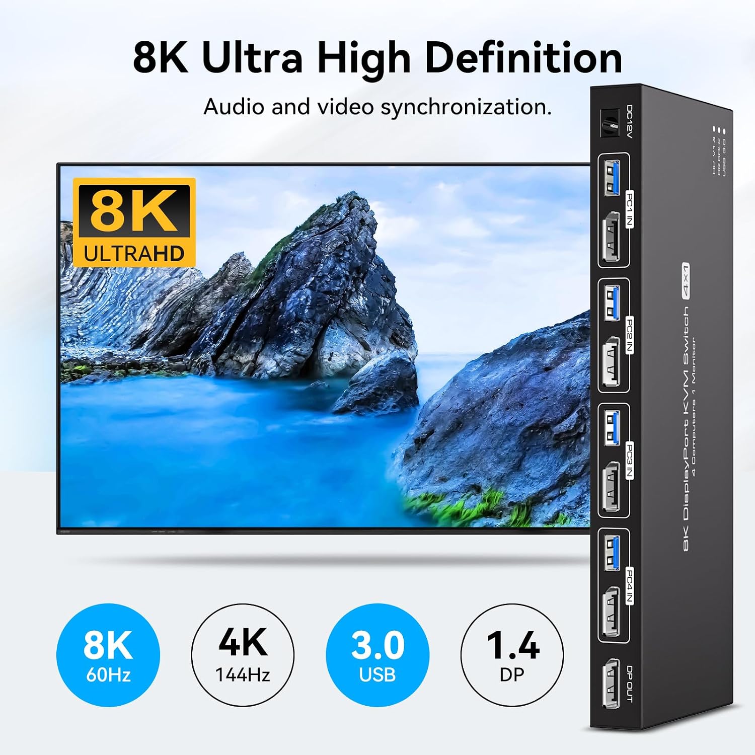 8K Displayport KVM Switch 4 Computers 1 Monitor 4K144Hz 4 Port KVM Sharing 1 Monitor and 4 USB 3.0 Device with Controller Support Extended/Copy Mode