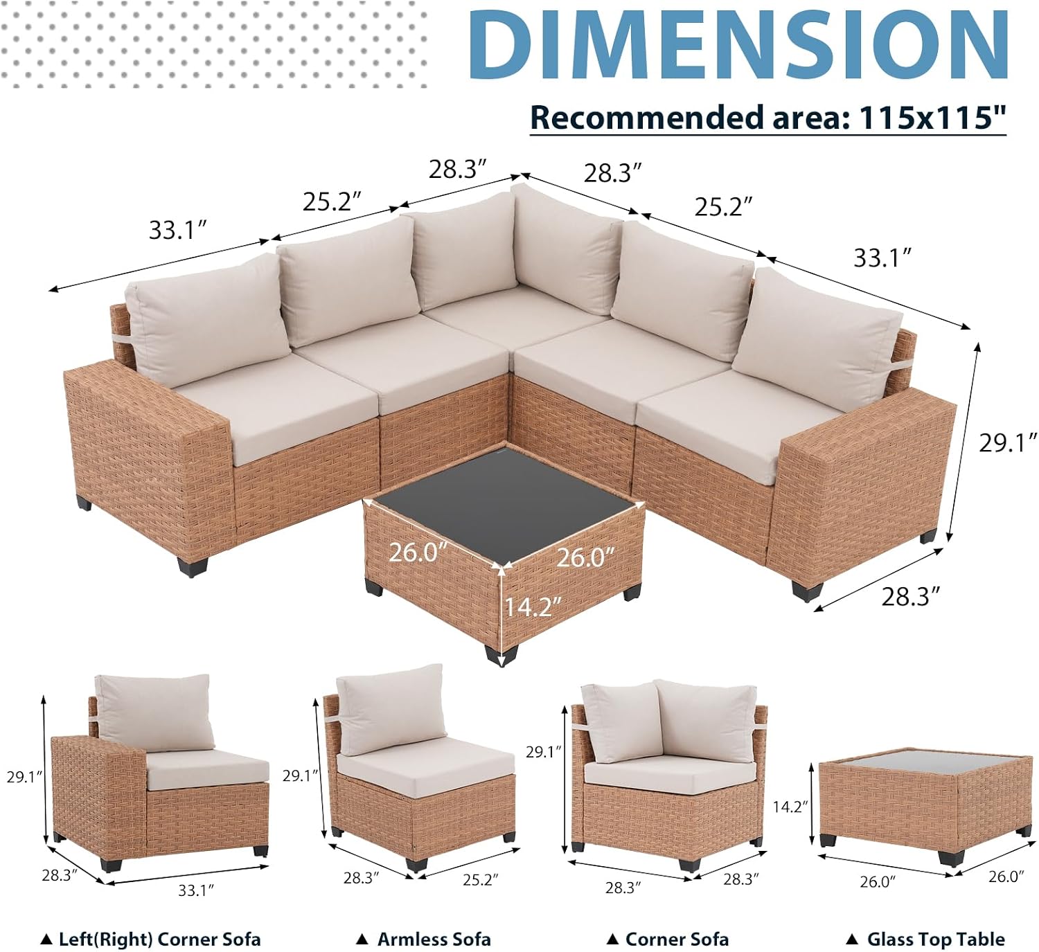 JOIVI 6-Piece Outdoor Sectional Patio Furniture Set, All-Weather Wicker Conversation Sectional with 8' Wide Armrests & 4' Cushions, Modular L-Shaped Sofa for Backyard, Garden & Porch, Beige