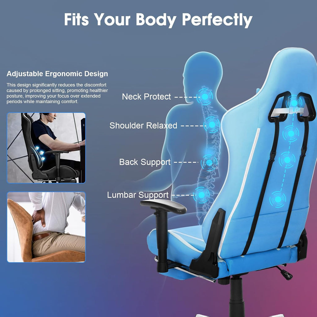 Gaming Chair Massage PC Gaming Chair Office Chair Ergonomic Computer Chair with Rolling Swivel Task Chair Lumbar Support Footrest Headrest, Light Blue