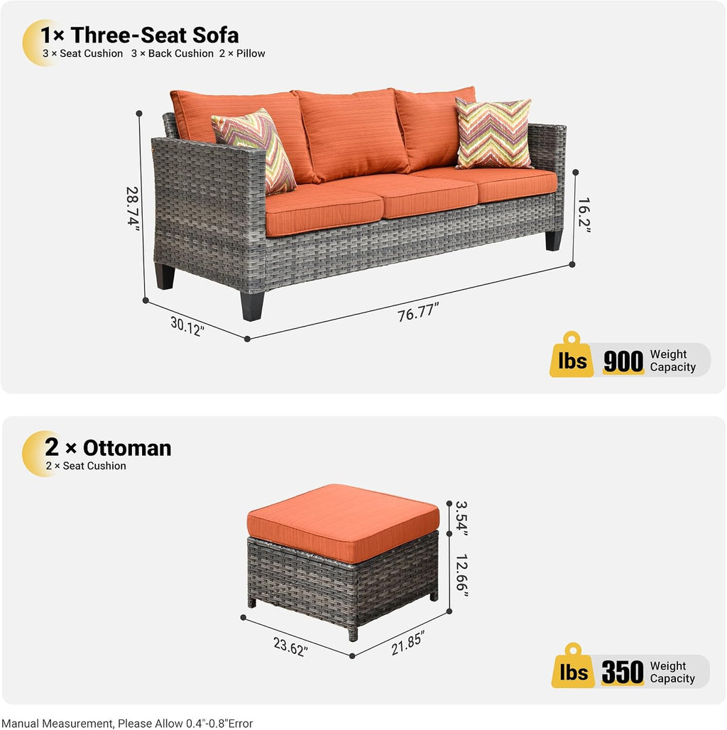ovios Patio Sofa 3 Pieces Patio Furniture Set Outdoor Wicker Sofa Couch with Ottomans Thick Cushions, All Weather Rattan Conversation Set for Porch Backyard Deck, Orange Red