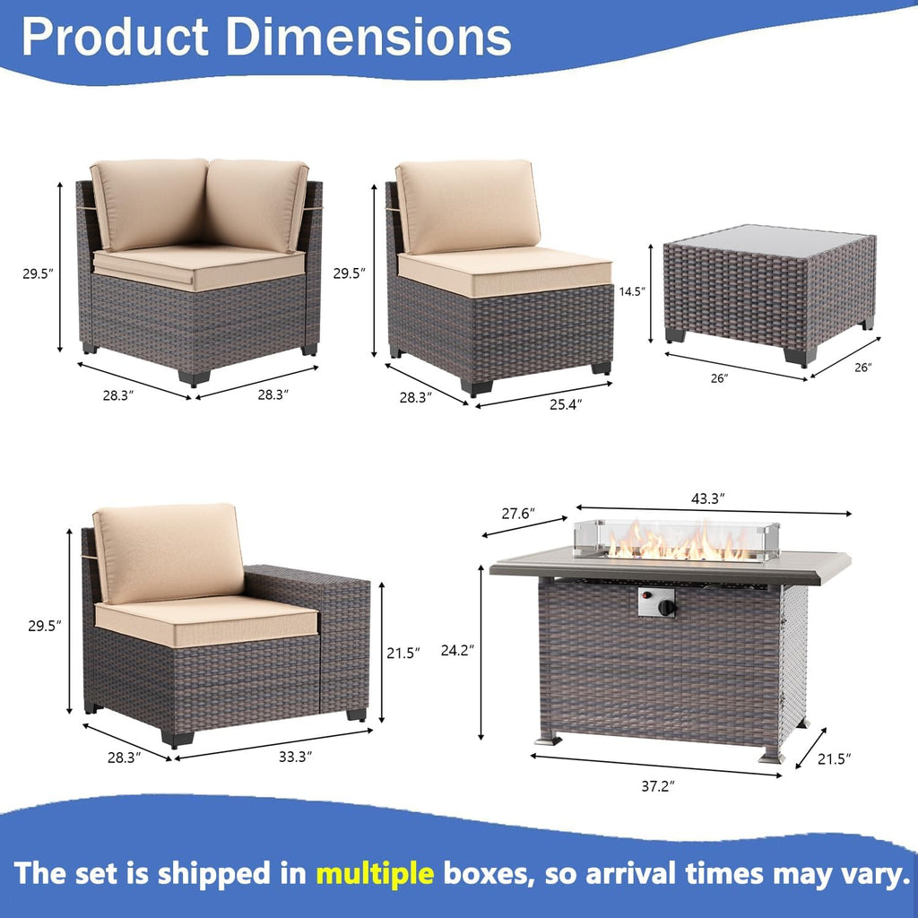 7 PCS Outdoor Patio Furniture Set,Outdoor Sectional Furniture with 43' 55000 BTU Gas Propane Fire Pit Table,All Weather PE Rattan Wicker Patio Conversation Set,Sand