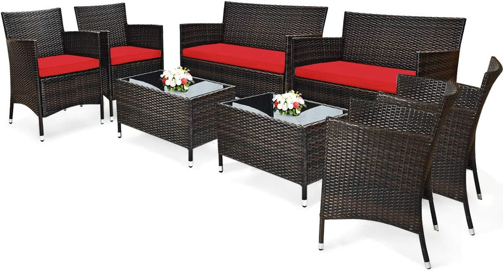 COSTWAY 8PCS Rattan Patio Furniture Set, Outdoor Wicker Rattan Chairs with Coffee Table, Rattan Cushioned Conversation Set for Backyard Balcony Porch Poolside, Red