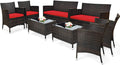 COSTWAY 8PCS Rattan Patio Furniture Set, Outdoor Wicker Rattan Chairs with Coffee Table, Rattan Cushioned Conversation Set for Backyard Balcony Porch Poolside, Red
