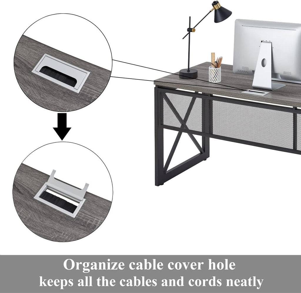 BON AUGURE Industrial Computer Desk, Rustic Wood Desks for Home Office, Sturdy Metal Writing Work Table (60 Inch, Dark Grey Oak)