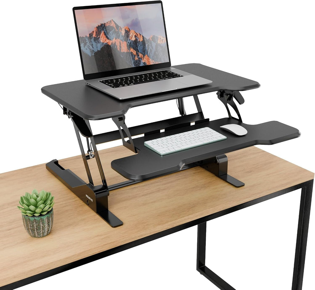 Mount-It! Height Adjustable Standing Desk Converter, Compact 30' Wide Tabletop Standing Desk Riser with Gas Spring, Desktop Stand Up Workstation with Keyboard Tray Fits Monitor or Laptop, Black