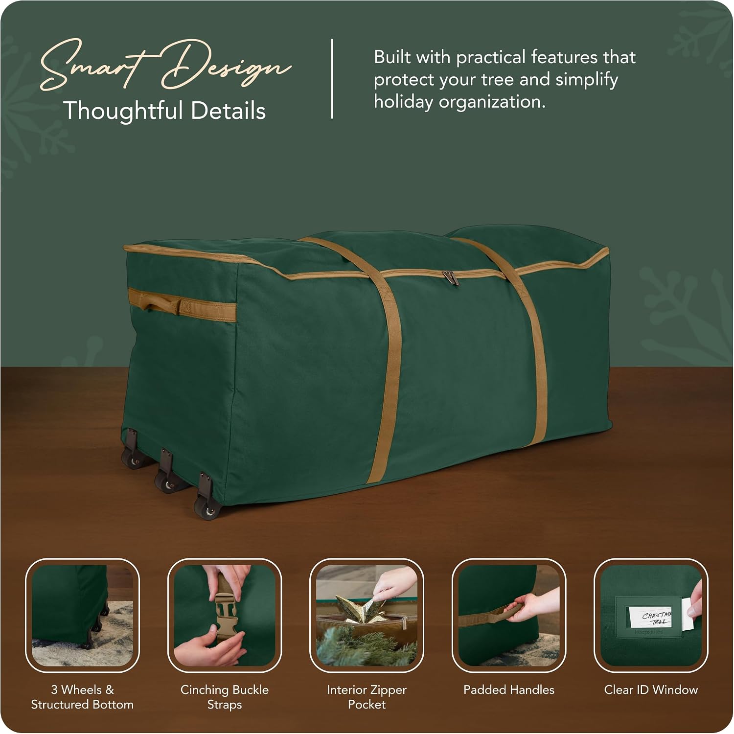 Covermates Keepsakes Christmas Tree Rolling Cinch Bag – Heavy-Duty Polyester Holiday Storage with Wheels, Reinforced Handles & Cinch Straps – Durable Christmas Tree Storage Solution, Green