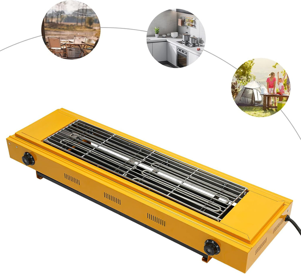 Double head Temperature Controlled Electric Grill, Adjustable Temperature Control to 572℉, Portable Outdoor Barbecue Grill, Household And Commercial Electric Skewer Grill Yellow