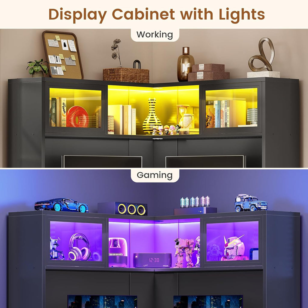 SEDETA 31.5' Corner Desk with Drawers, Small Office Computer Desk with Storage Shelves & Hutch for Small Space, Gaming Desk with LED Lights & Power Strip for Home Office, Black