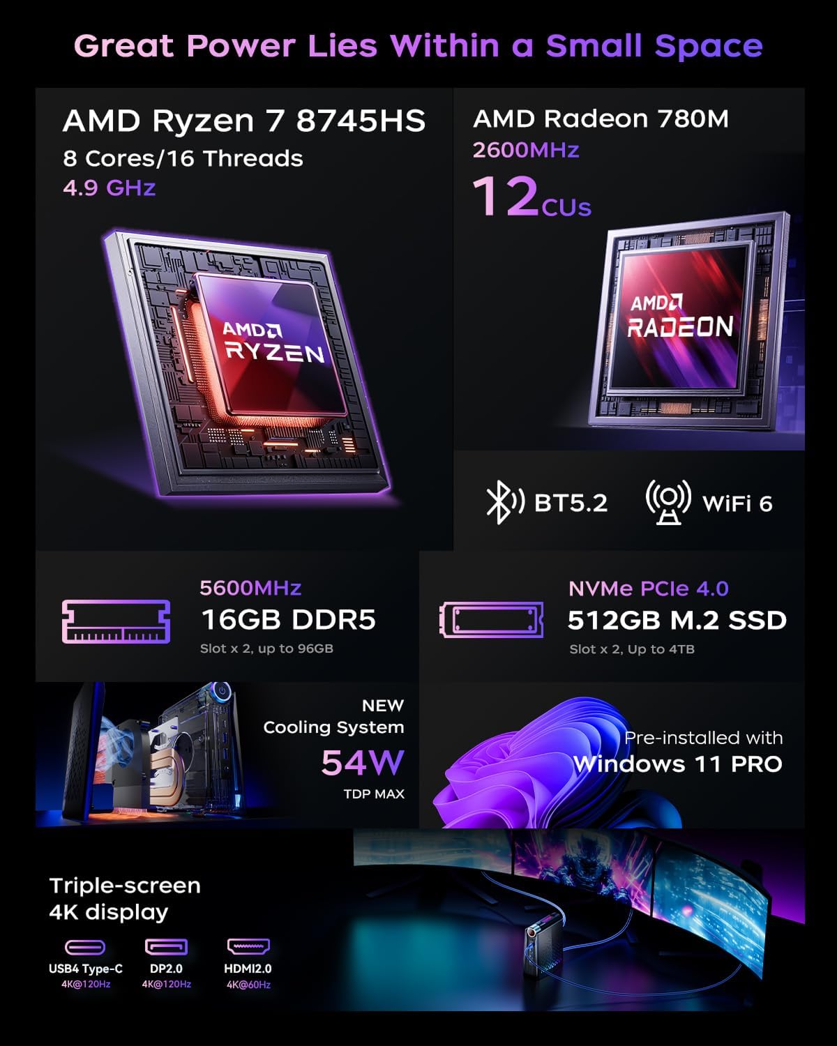 ACEMAGICIAN S3A Mini PC, Ryzen 7 8745HS[up to 4.9Ghz], 16GB DDR5 512GB NVMe SSD Mini Computers with AMD Radeon Graphics 780M, RGB Lights/WiFi6/BT5.2/Dual Channel/3 Modes Mini Desktop