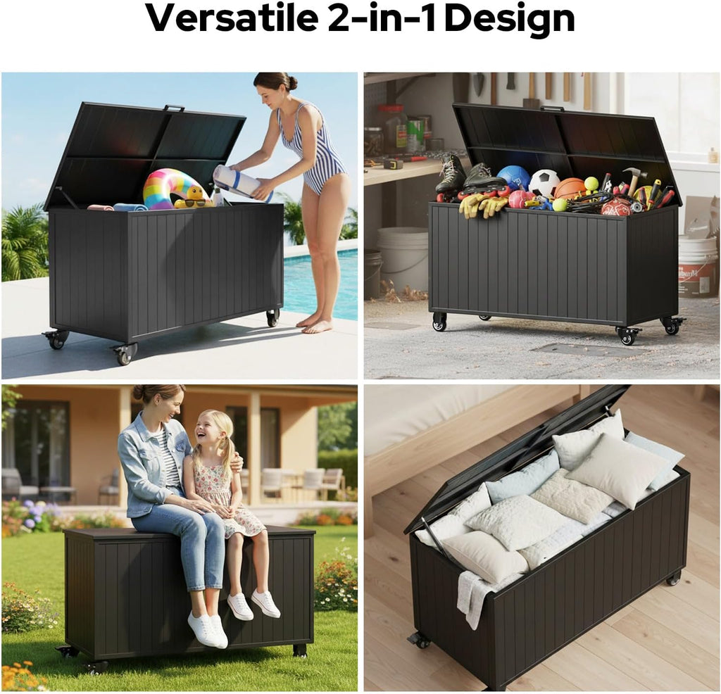 Outdoor Storage Box with Wheels 150 Gallon, Mobile Aluminum Deck Boxes Outdoor Waterproof, UV Resistant Patio Storage Box with Lid for Patio Furniture, Garden Tools, Outdoor Cushion(Blank)