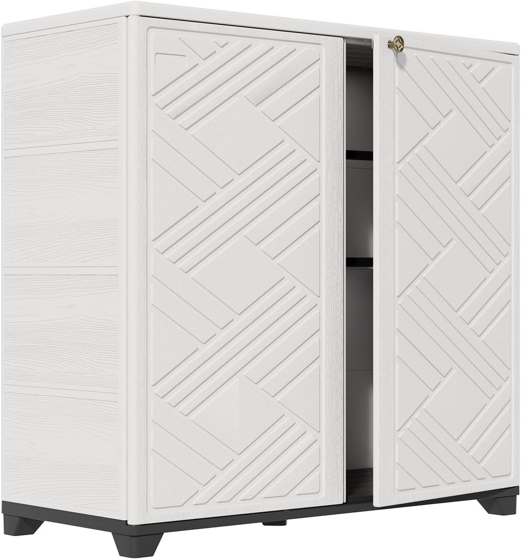 HOMSPARK Indoor/Outdoor Storage Cabinet with Doors and 2 Metal Shelves, 34'x15'x34' HDPE Plastic Storage Box for Patio, Garden, Enterway, Balcony, Multi-Purpose for Daily Tools, White