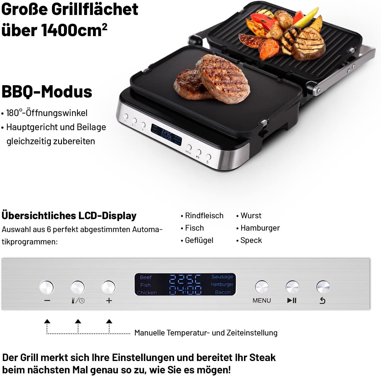 Lauben Contact Grill Deluxe 2000ST Table Contact Grill with 6 Automatic Programmes, Removable Plates, LED Display, Memory Function, Drip Tray, Dishwasher Safe