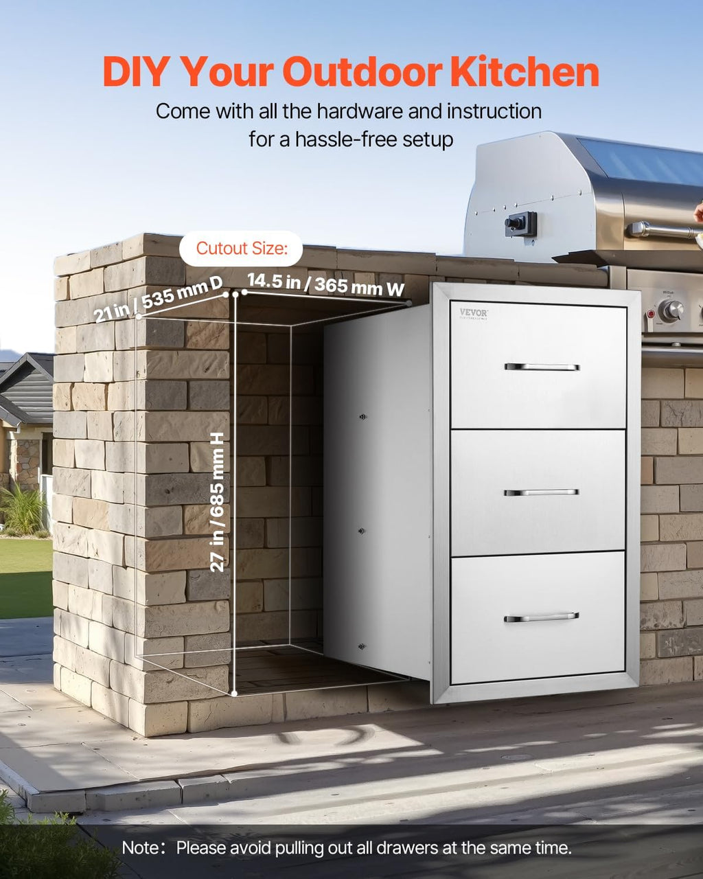 VEVOR Outdoor Kitchen Drawers 16' W x 28.5' H x 20.5' D, Flush Mount Triple Access BBQ Drawers with Stainless Steel Handle, BBQ Island Drawers for Outdoor Kitchens or BBQ Island Patio Grill Station