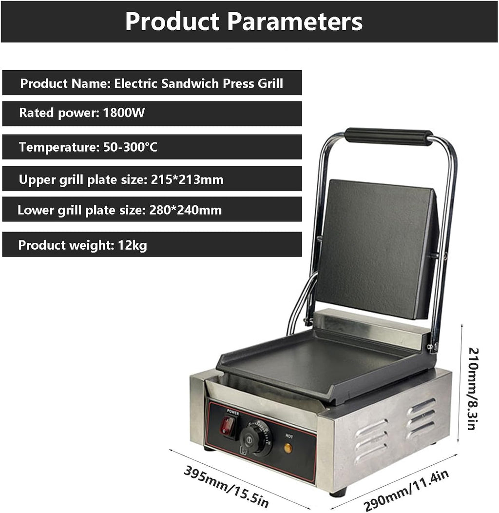Commercial Sandwich Grill, Contact Grill Single-plate Platen Grill Countertop Sandwich Press W/Tempe Control 50-300℃,for Home Or Restaurant Use