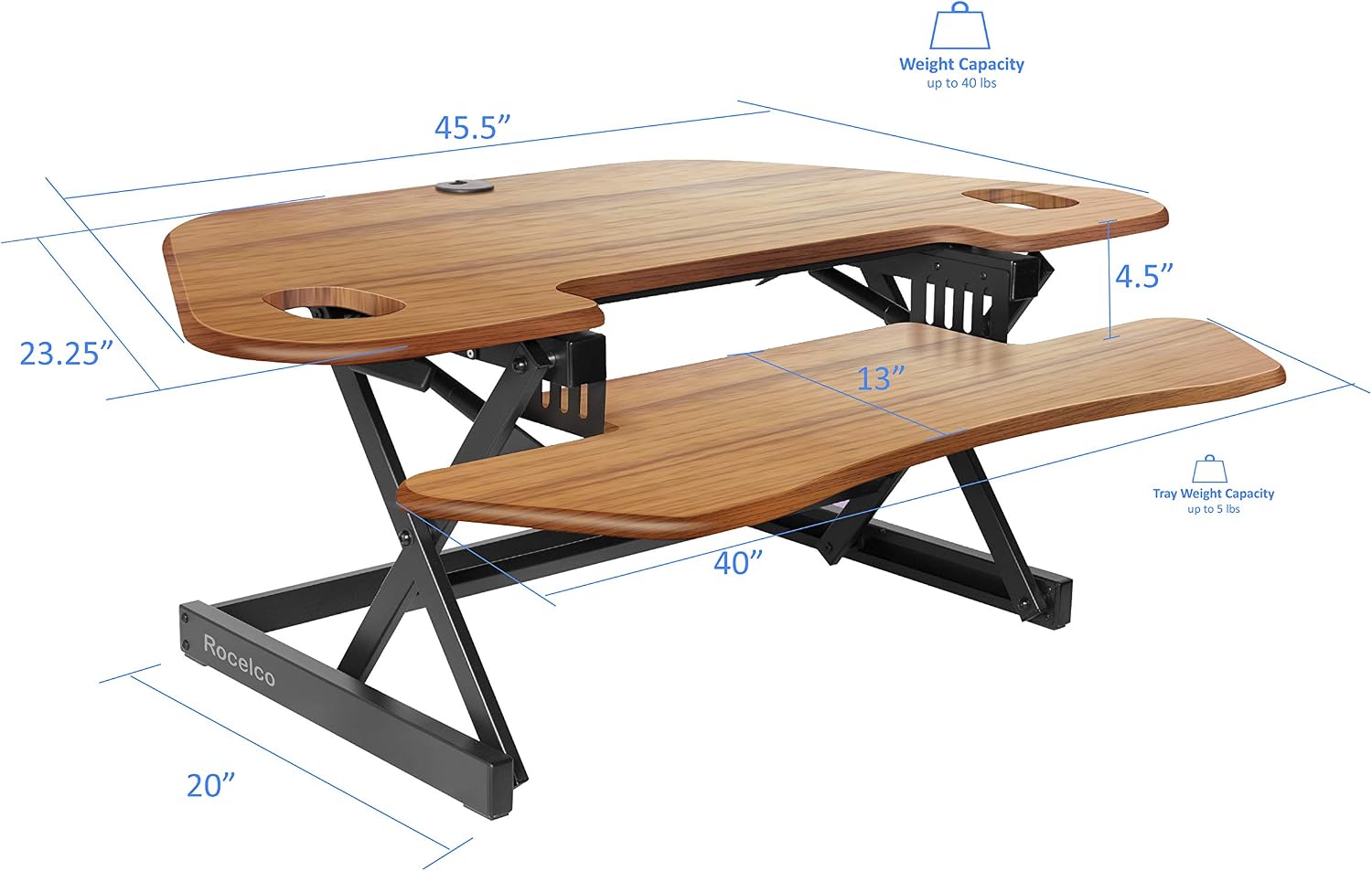 Rocelco 46' Large Height Adjustable Corner Standing Desk Converter - Quick Sit Stand Up Dual Monitor Riser - Gas Spring Assist Computer Workstation - Wide Keyboard Tray - Teak Wood Grain (R CADRT-46)