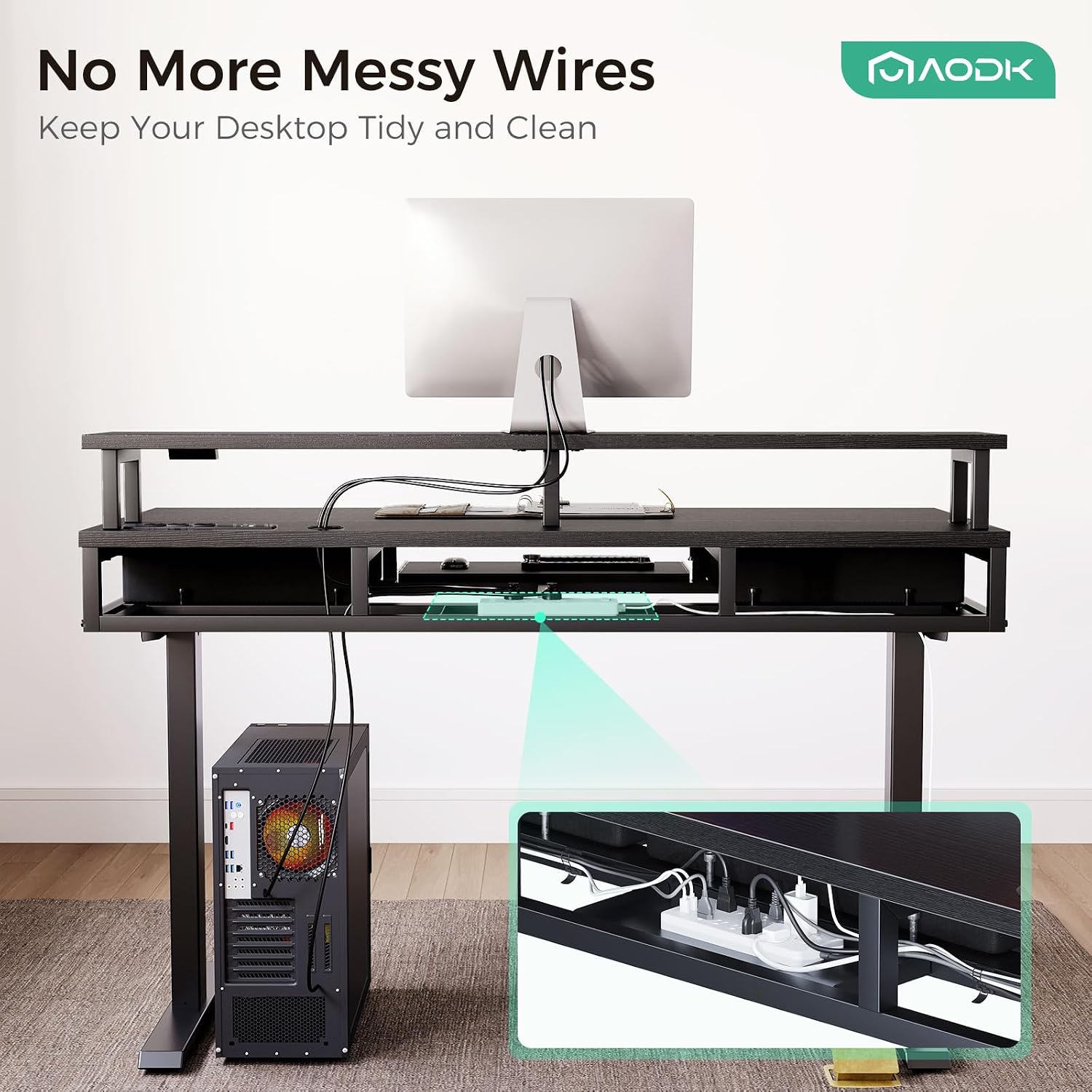 AODK Electric Standing Desk with Drawers & Keyboard Tray, 55 Inch Height Adjustable Desk with Power Outlets & LED Lights, Sit Stand Table with Monitor Stand for Home, Office, Black