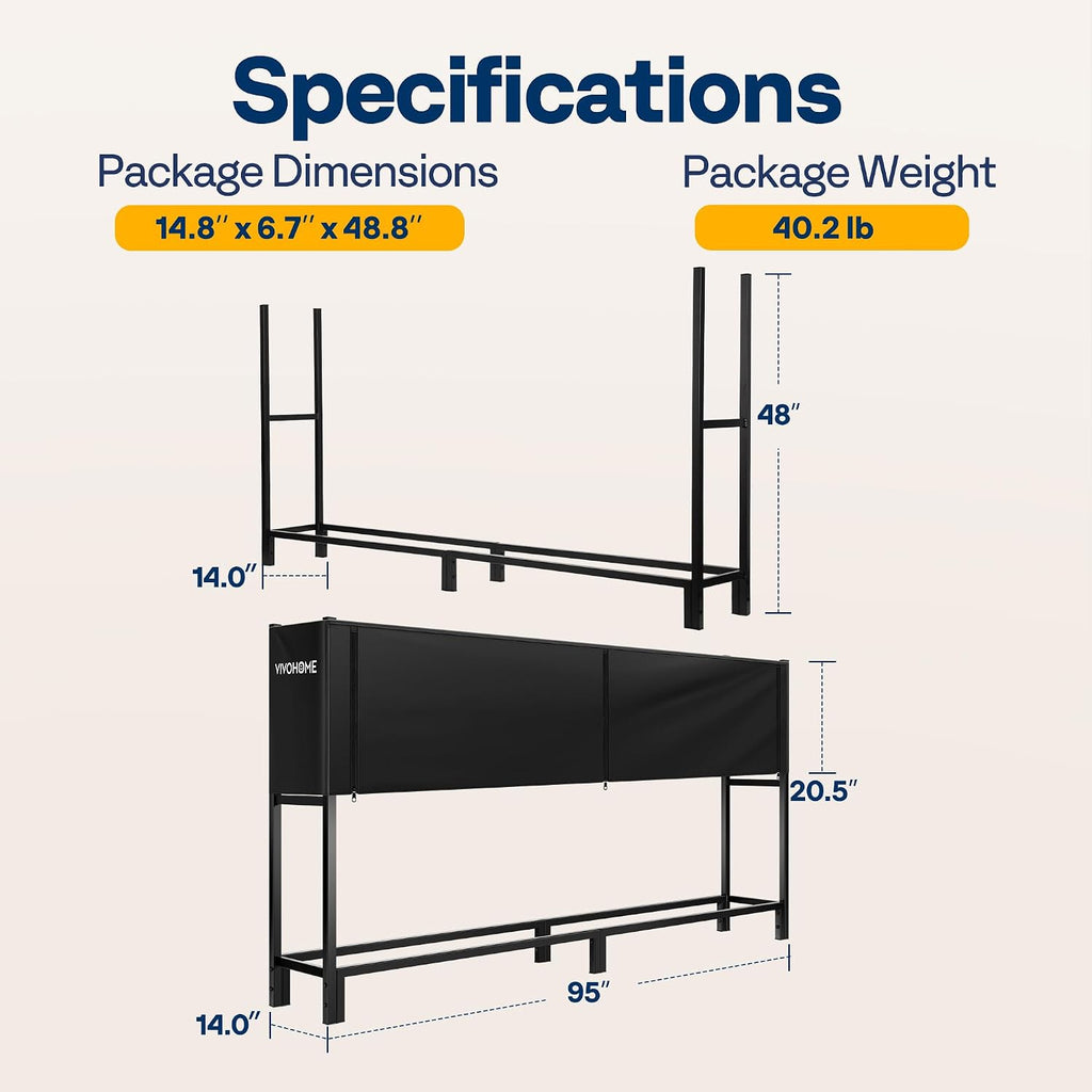 VIVOHOME Upgraded Heavy Duty 8 ft 1/2 Cord Firewood Rack Outdoor with Cover Combo Set, Thick Steel Log Holder Up to 3300 lb, Fire Wood Pile Storage Stand Organizer Black
