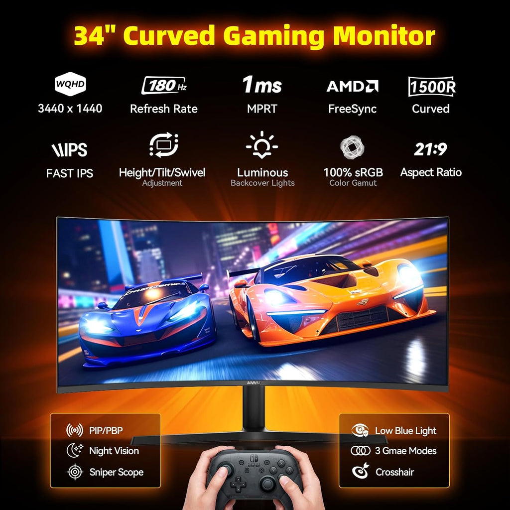34 Inch Ultrawide Gaming Monitor - 21:9 WQHD 3440 x 1440 R1500 Curved Computer Monitor for Gamer, 180Hz,1ms, AMD FreeSync, PIP/PBP, Crosshair, TÜV Eye Care, HDMI 2.0 & DP1.4, Tilt/Height/Swivel Stand