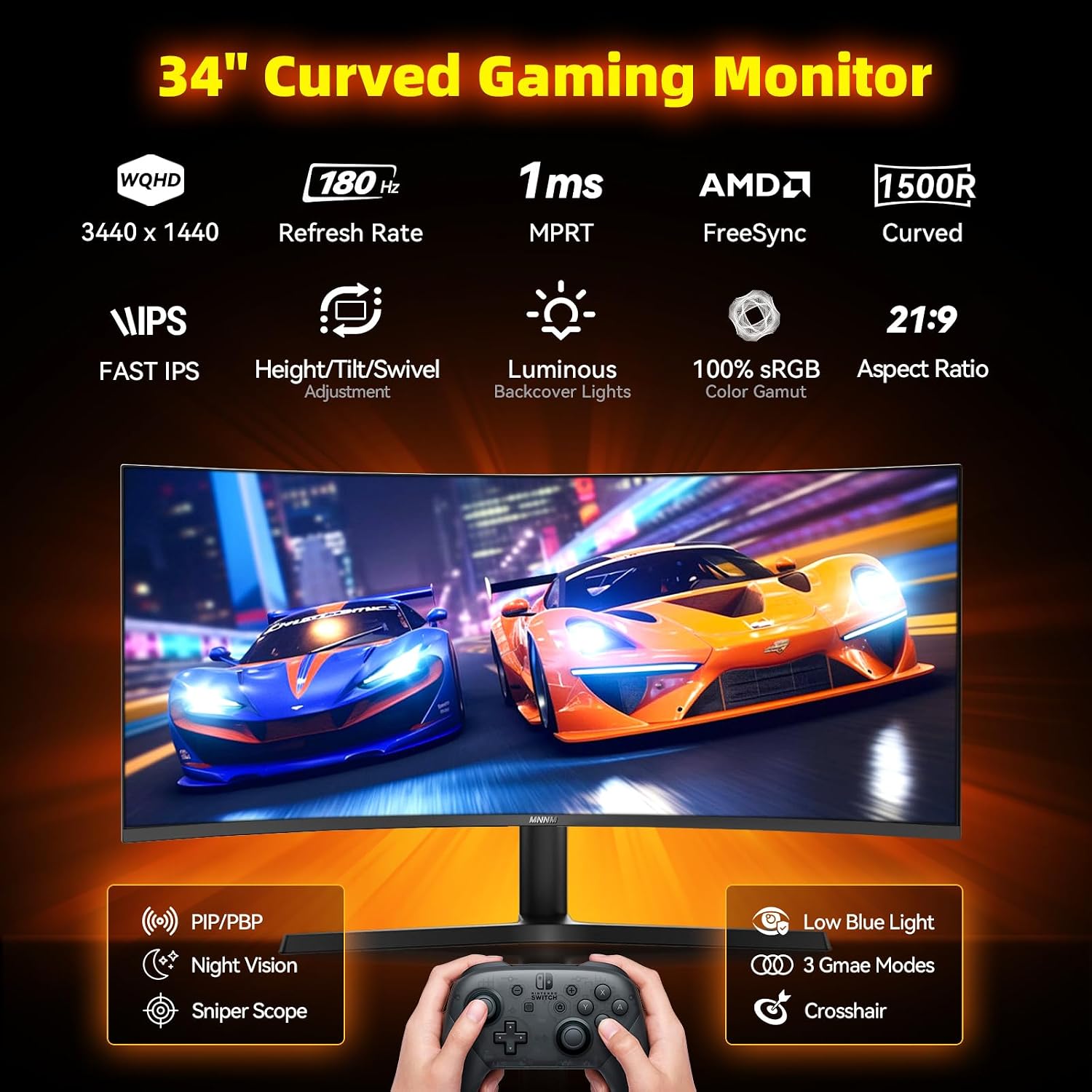 34 Inch Ultrawide Gaming Monitor - 21:9 WQHD 3440 x 1440 R1500 Curved Computer Monitor for Gamer, 180Hz,1ms, AMD FreeSync, PIP/PBP, Crosshair, TÜV Eye Care, HDMI 2.0 & DP1.4, Tilt/Height/Swivel Stand
