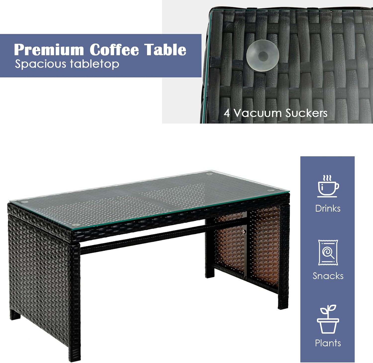 Tangkula 4 Pieces Rattan Furniture Set, Outdoor Conversation Set w/Chair & Loveseat & Tempered Glass Coffee Table, Suitable for Garden, Backyard, Poolside, Patio Furniture Set for 4 (1, Black)