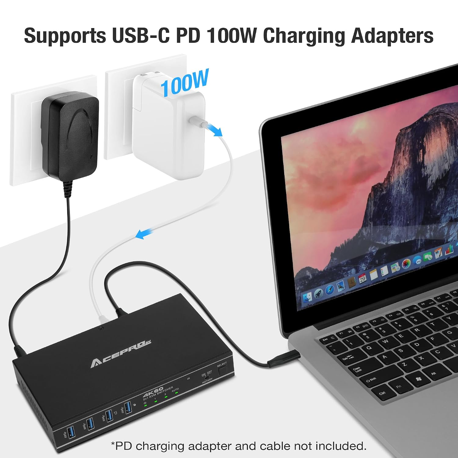 2x1 HDMI/USB-C 4K60Hz KVM Switch with PD Pass-Through - Selector for 2 Computers Sharing 4K Monitor Keyboard Mouse - Includes Cables to Connect Host Devices - Supports 100W Fast Charging