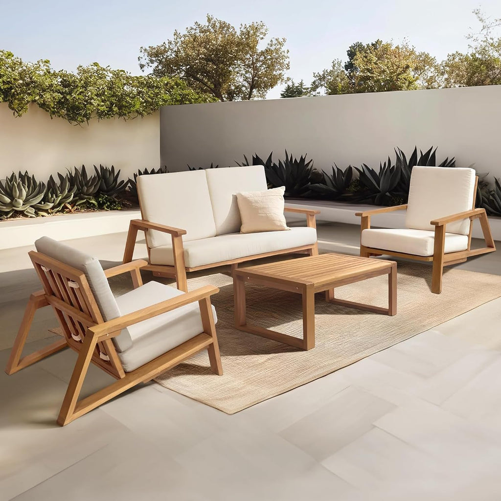4-Piece Deep Seating Teak Wood Patio Furniture Set, Teak Wood Outdoor Conversation Sofa Set with Cushioned Loveseat, Armchairs and Coffee Table for Garden, Deck, Backyard