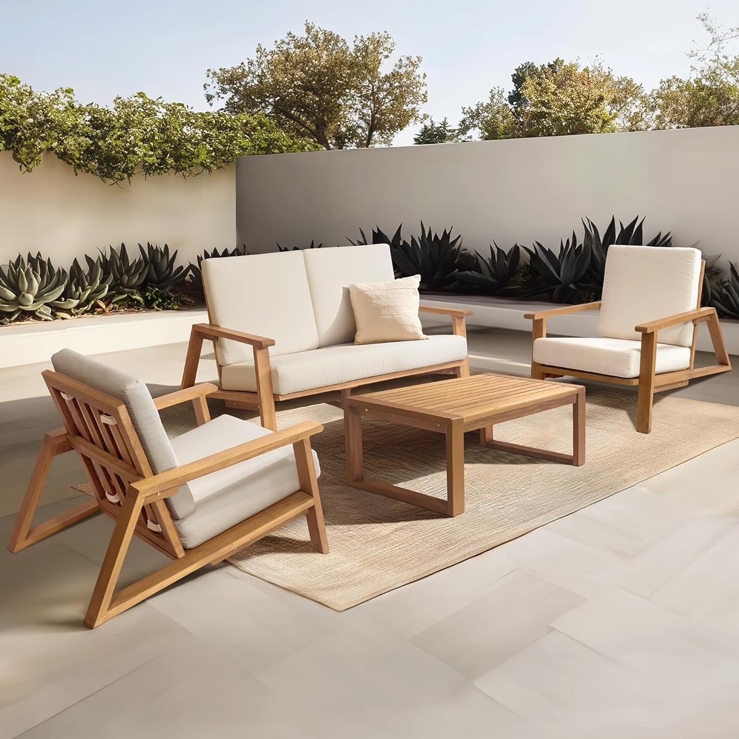 4-Piece Deep Seating Teak Wood Patio Furniture Set, Teak Wood Outdoor Conversation Sofa Set with Cushioned Loveseat, Armchairs and Coffee Table for Garden, Deck, Backyard