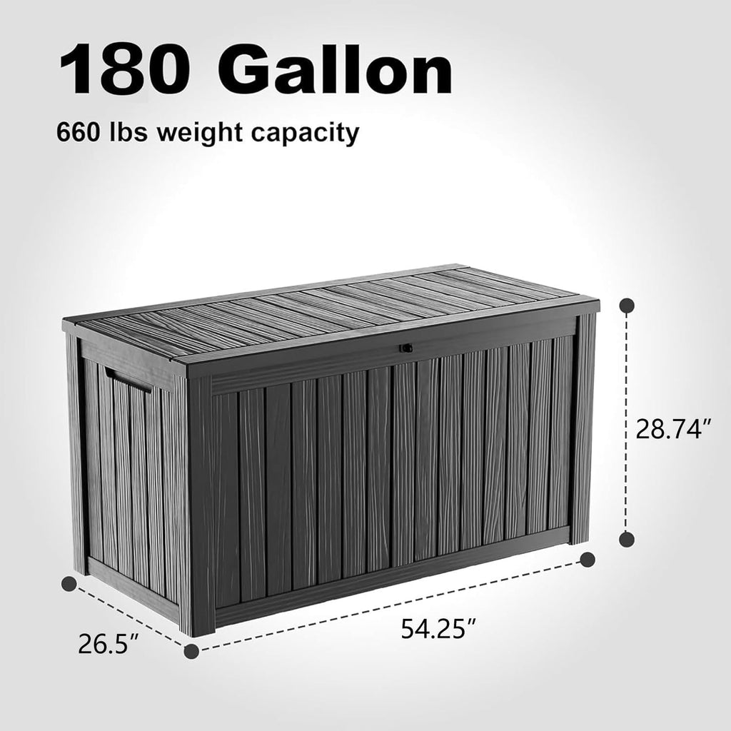 DRATO 180 Gallon Outdoor Storage Box, Large Waterproof Deck Box, Lockable Resin Storage Container with Reinforced Support for Patio Cushions, Garden Tools, UV-Resistant Outdoor Chest（Black，180 Gallon）