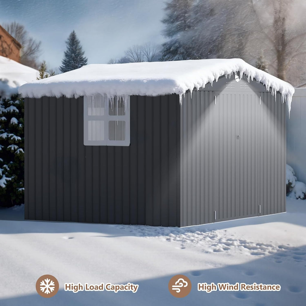 10x8 FT Outdoor Storage Shed, Metal Garden Shed - Tool Storage Sheds with Lockable Doors & 1 Clear Window, Waterproof Outside Storage Building for Backyard, Patio (Black; Floor Not Included)