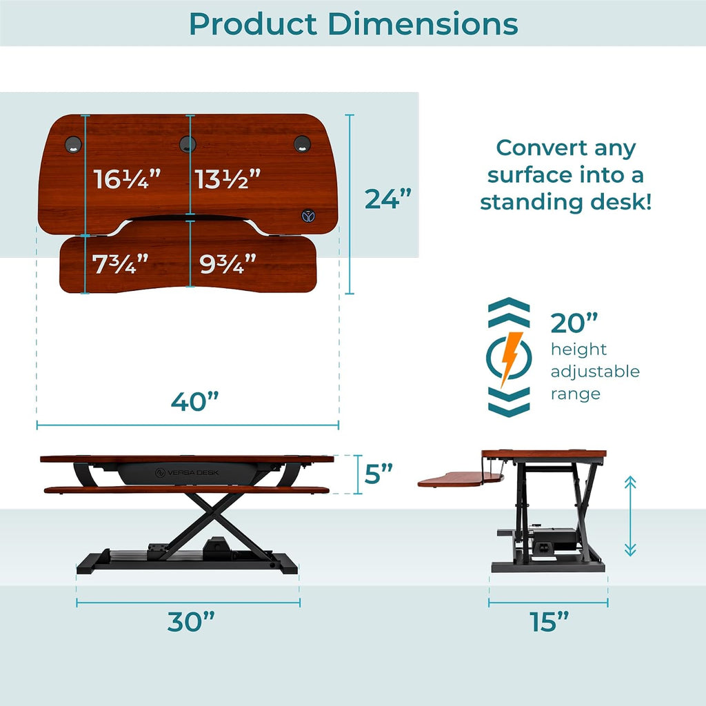 VERSADESK PowerPro™ 40' x 24' Standing Desk Converter | 7.75' - 23.5' Electric Height Adjustable Sit to Stand Desk Riser w/ Keyboard Tray & USB Hub - Ergonomic Workstation for Home & Office, Cherry