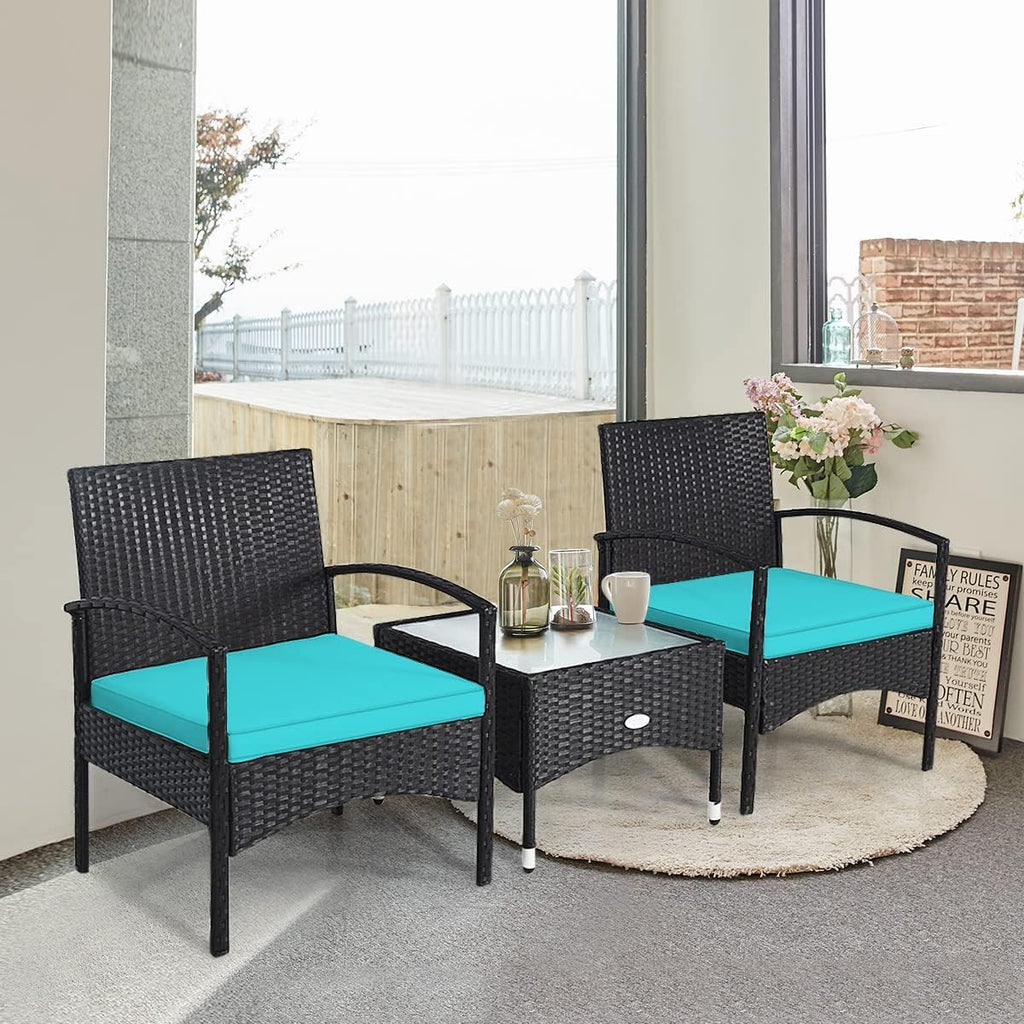 HAPPYGRILL 3 Pieces Patio Furniture Conversation Set, Outdoor Rattan Wicker Bistro Set with Glass Coffee Table & Soft Cushions for Balcony Garden Poolside