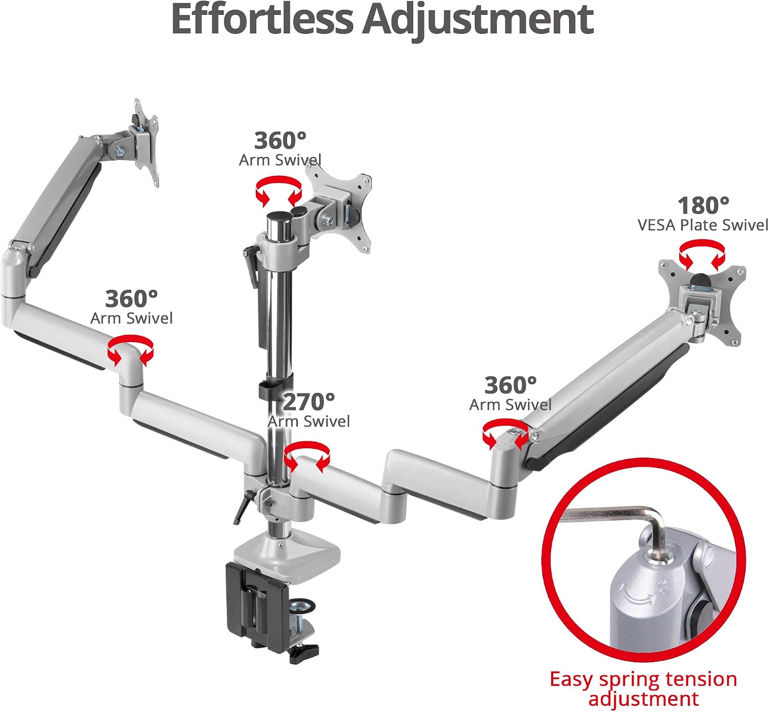 SIIG Triple Monitor Desk Mount-13 to 32',Silver,Premium Gas Spring,for Flat Panel/Curved Monitor,Fully Adjustable, 3 Display(s),Load Bearing 15.4 lbs max Each,VESA 75 x 75, 100 x 100 CE-MT3611-S1