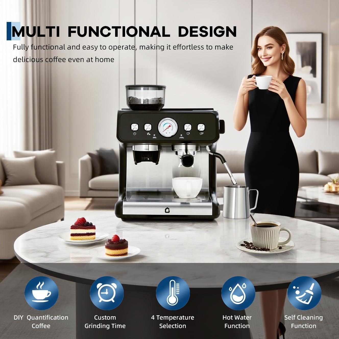 20-Bar Espresso Coffee Machine with Built-In Grinder, 2.8L Removable Tank, Adjustable Shot Volume & Steam Wand, Stainless Steel Coffee Maker for Home or Office